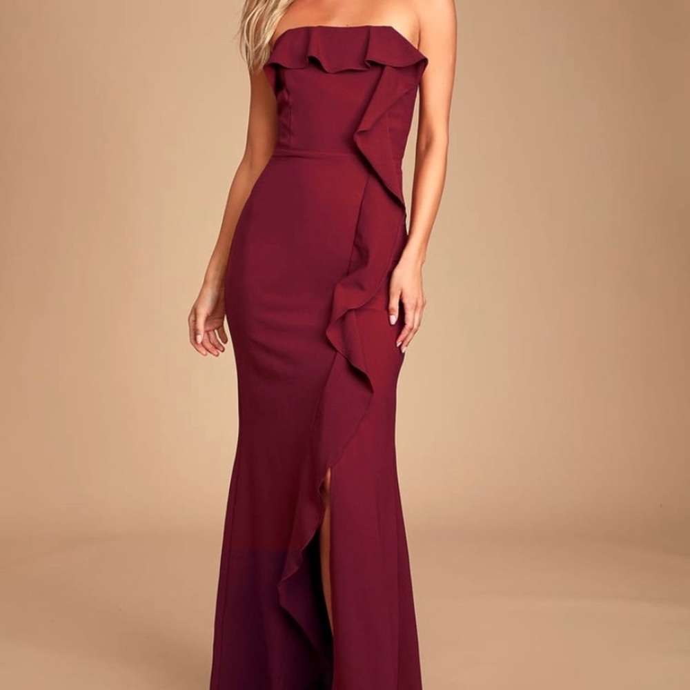 Valerie Burgundy Ruffled Strapless Maxi Dress
